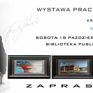 Plakat informujący o wystawie prac Krzysztofa Kieszewicza, architekta wnętrz. Sobota 18 pażdziernika godz. 18.00