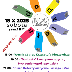 Na zdjęciu plakat informujący o wydarzeniu z kolorowym hasłem tegorocznej Nocy Bibliotek "Do dzieła" a także szczegółowy harmonogram. Godz. 18.00 wernisaż prac Krzysztofa Kieszewicza- architekta wnętrz.Godz. 19.00 wspólne toworzenie dzieła. Godz. 20.00 projekcja filmu dla dzieci od 7 r.ż. "Biuro detektywistyczne Lassego i Mai. Rabuś z pociągu". 