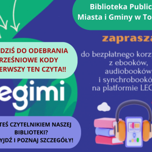 Na zdjęciu widoczny jest plakat informujący, że od dzisiaj w bibliotece można odebrać 3 wrześniowe kody dostępu do Legimi.